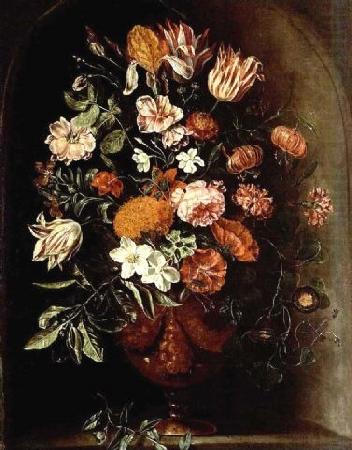 A still life with tulips, roses, a red turban cup lily, auricula, jasmin, an iris, carnations and other flowers in a vase, all in a stone niche., unknow artist